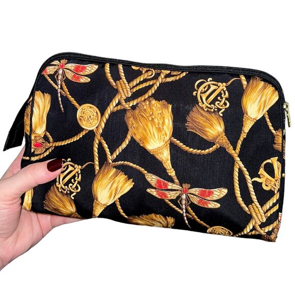 VTG Christian Dior Black Gold Monogram Logo Tassel Dragonfly Makeup Bag Case - Picture 1 of 15